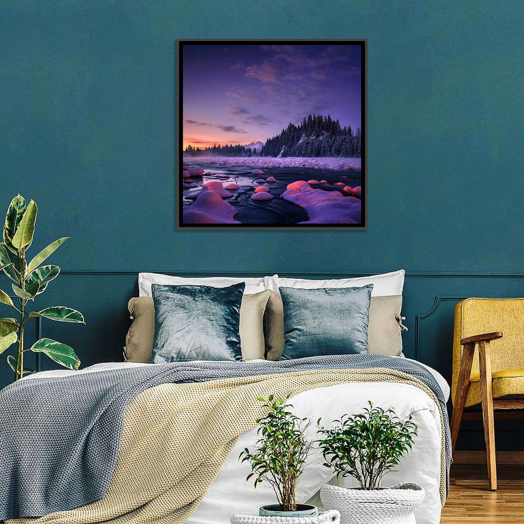 Twilight River and Snowy Pines Wall Art