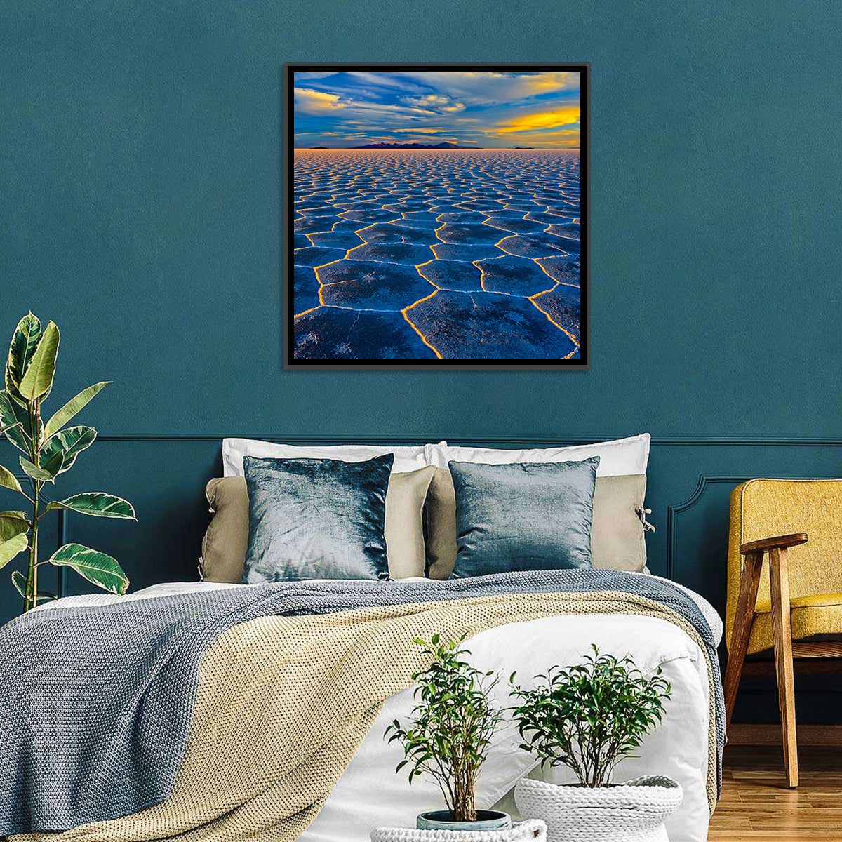 Salar De Uyuni Salt Flats at Sunset Wall Art in a room, square