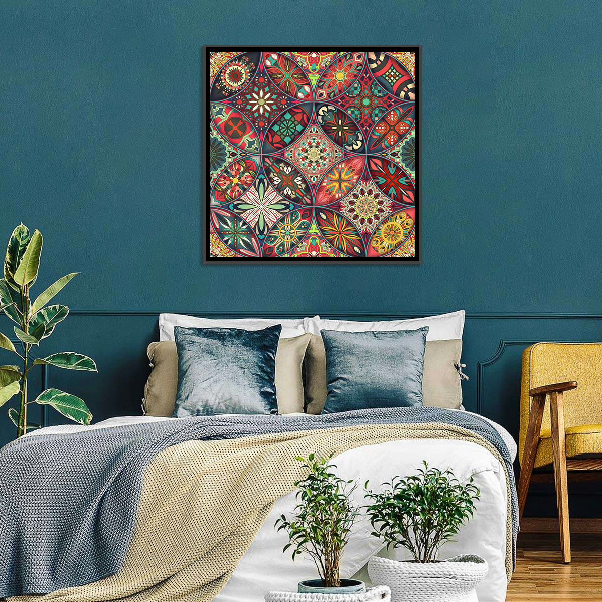 Vintage Mandala Tile Pattern Wall Art in a room, square
