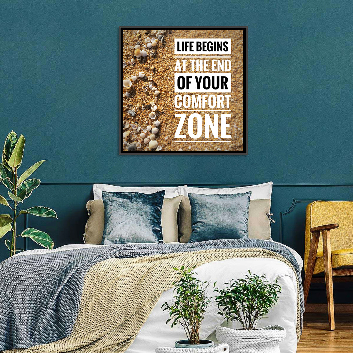 Life Begins at the End Quote Wall Art in a room, square