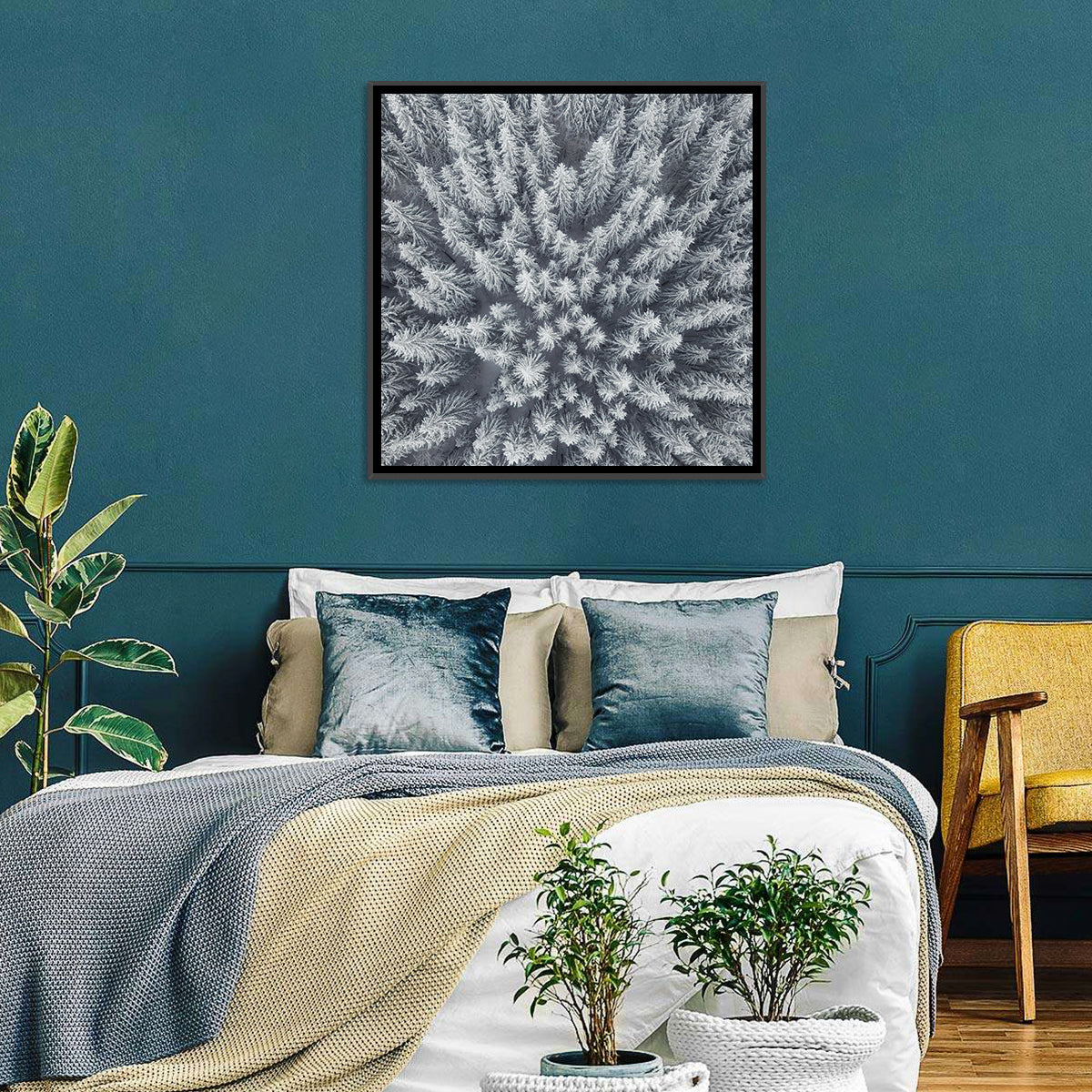 Snow Covered Pine Forest Wall Art in a room, square