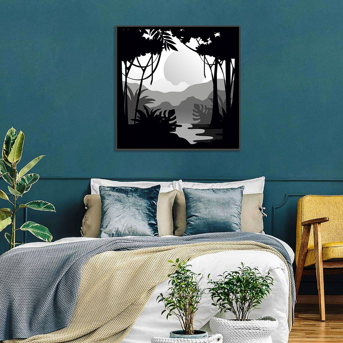 Tropical Jungle Silhouette Wall Art in a room, square