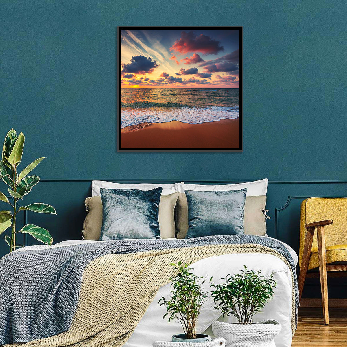 Golden Hour Beach Waves Under Cloudy Sky Wall Art