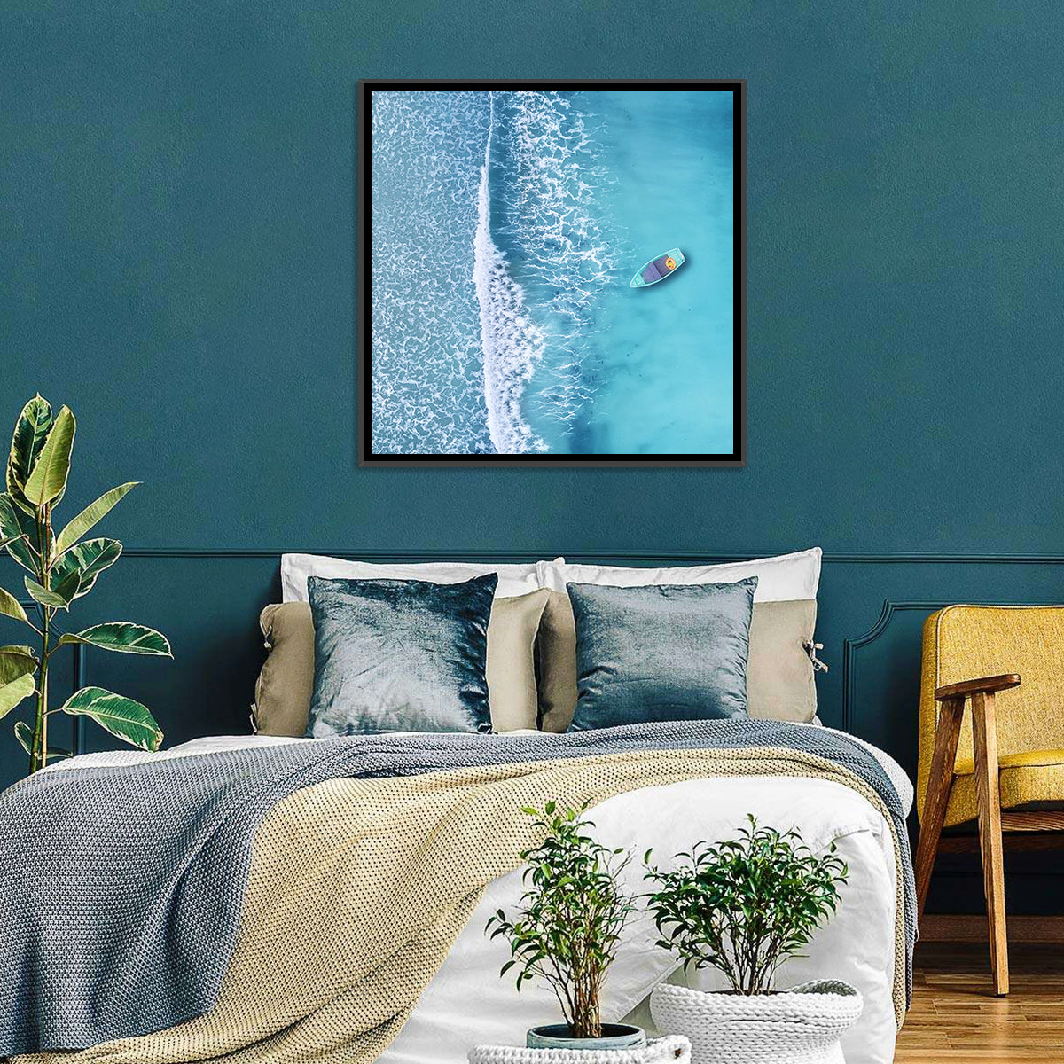 Lone Boat Over Turquoise Waves Wall Art