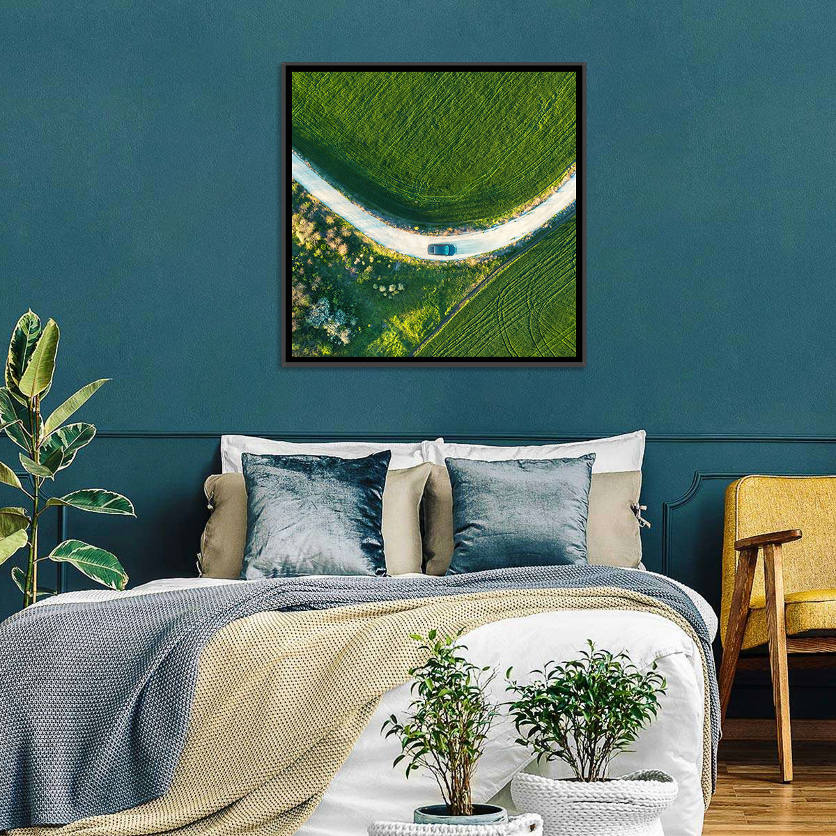 Aerial Farm Fields at Golden Hour Wall Art in a room, square