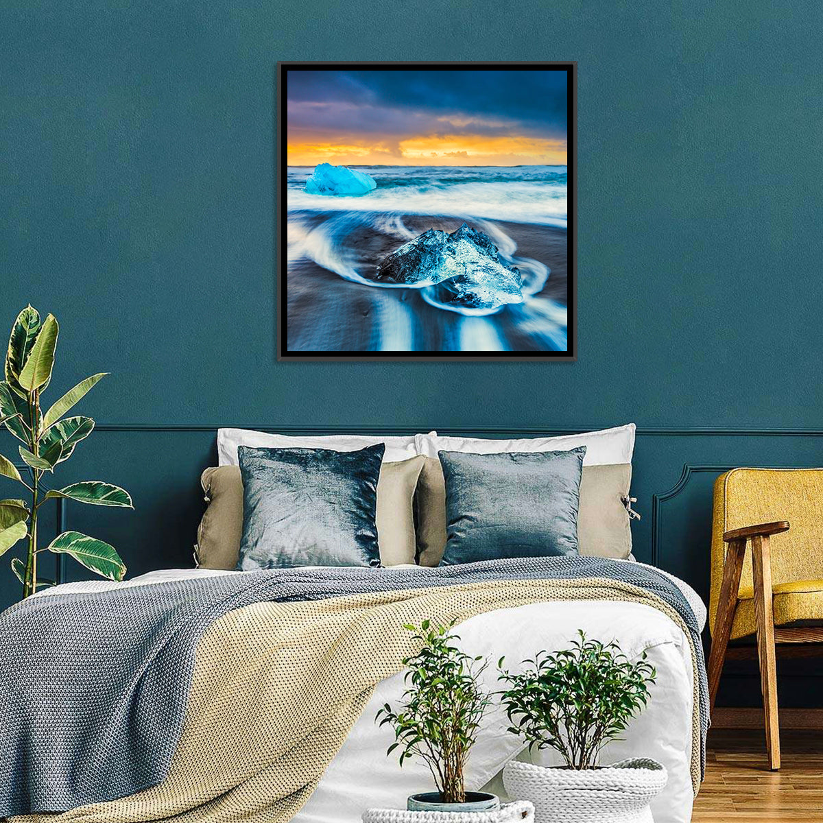 Diamond Beach Ice at Dusk Wall Art in a room, square