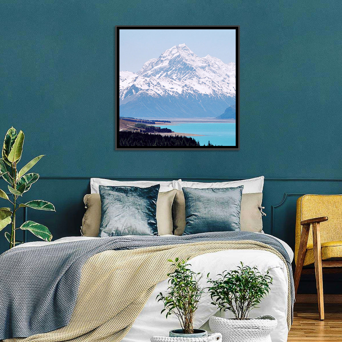 Lake Pukaki and Aoraki Mount Cook Wall Art in a room, square