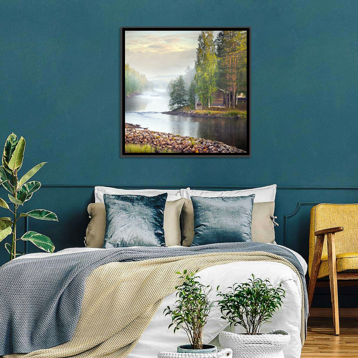 Misty River with Red Roof Cabin Wall Art