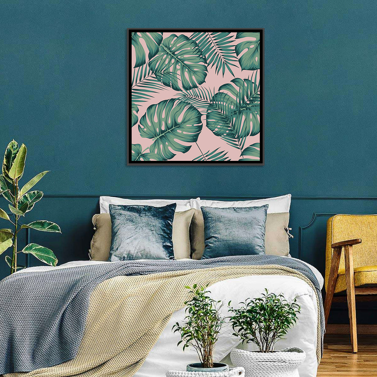 Areca Palm and Monstera Leaves Wall Art in a room, square