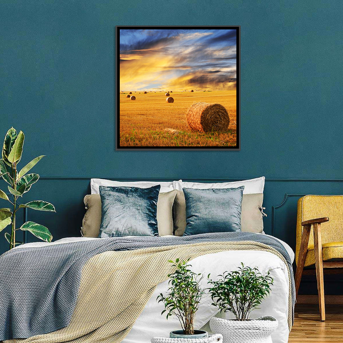 Sunset Over Hay Bales Wall Art in a room, square