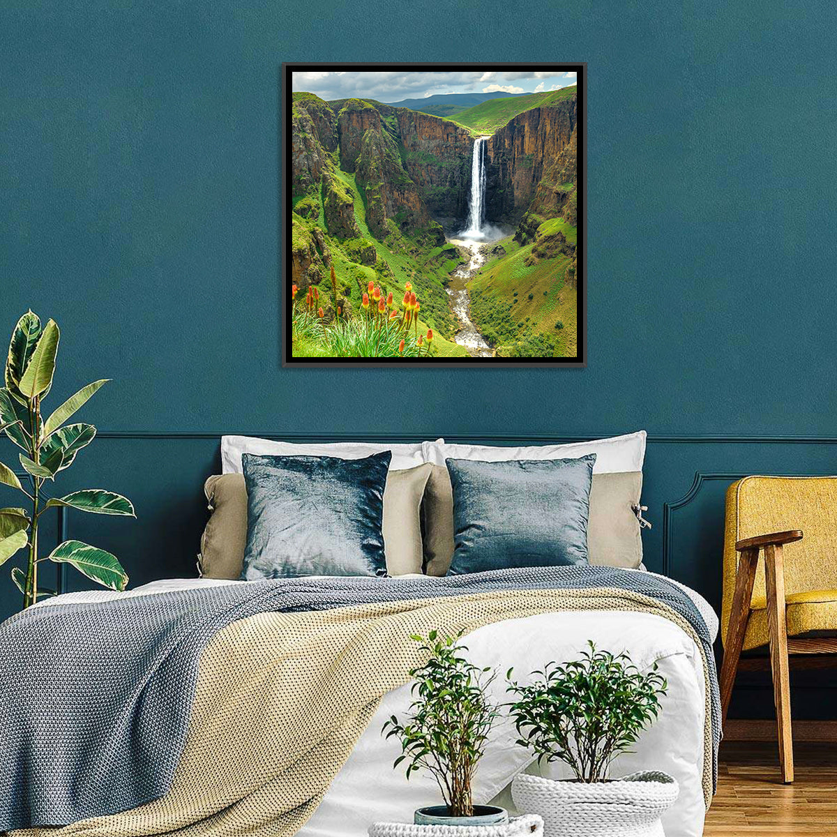 Maletsunyane Falls with Torch Lilies Wall Art in a room, square