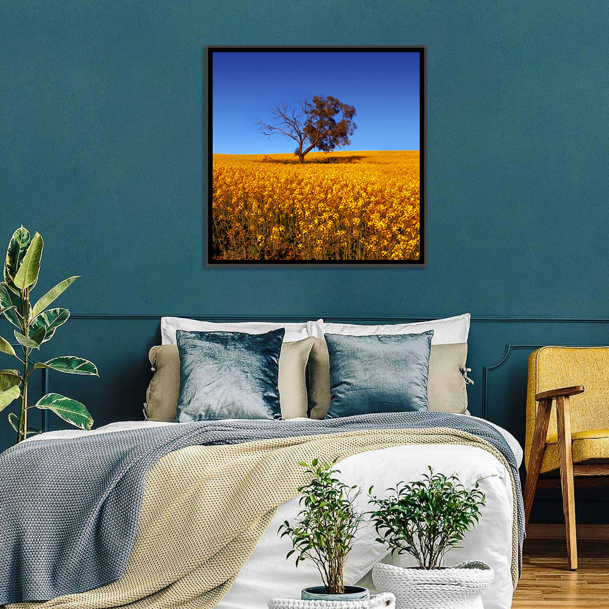 Canola Field with Lone Tree Wall Art in a room, square