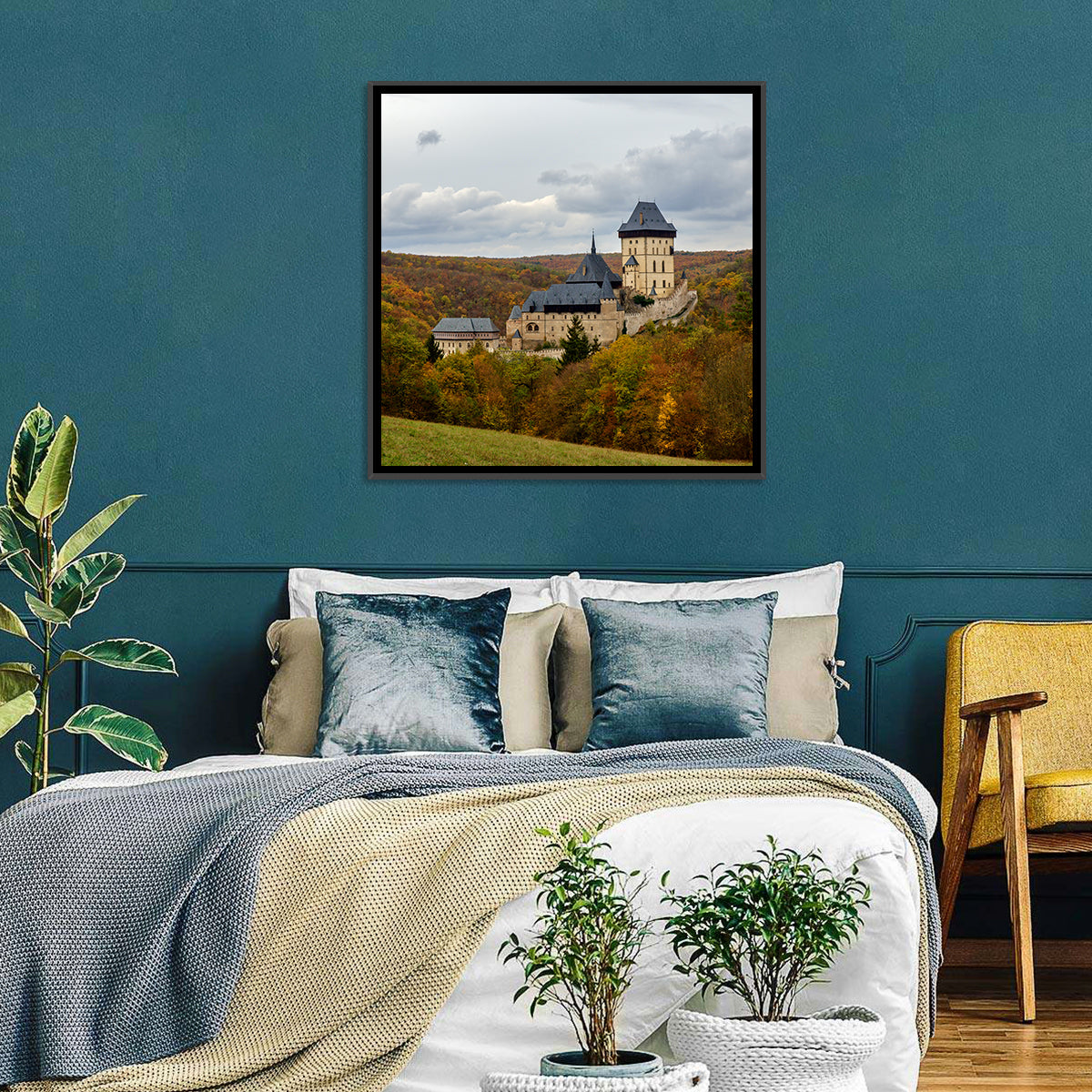 Karlštejn Castle in Autumn Forest Wall Art in a room, square