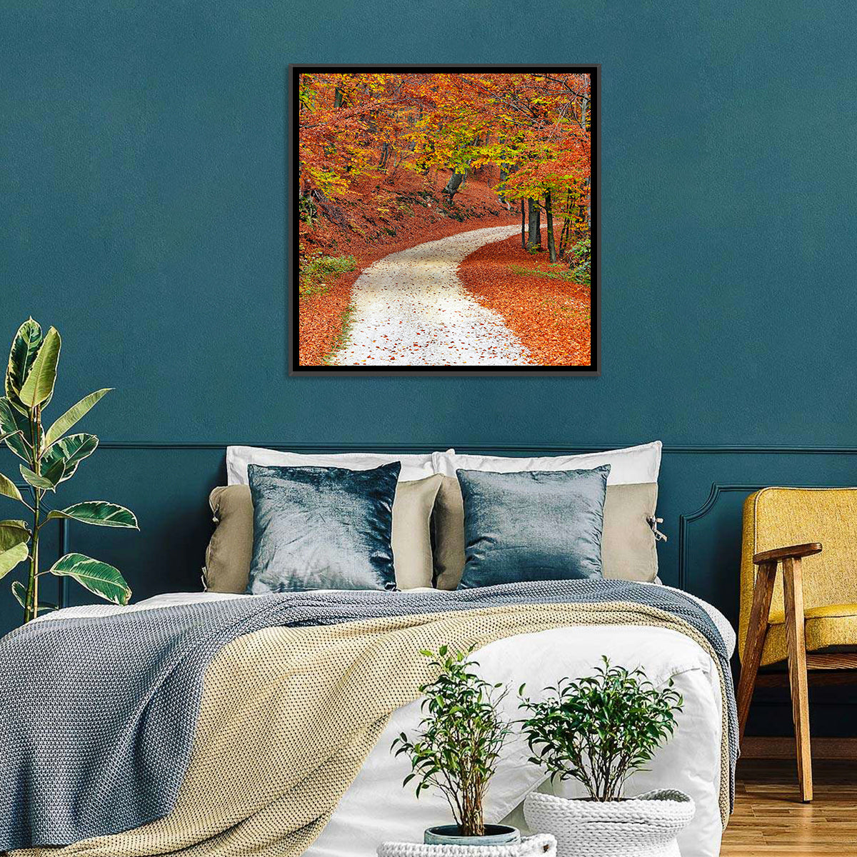 Misty Gravel Path Through Autumn Trees Wall Art in a room, square