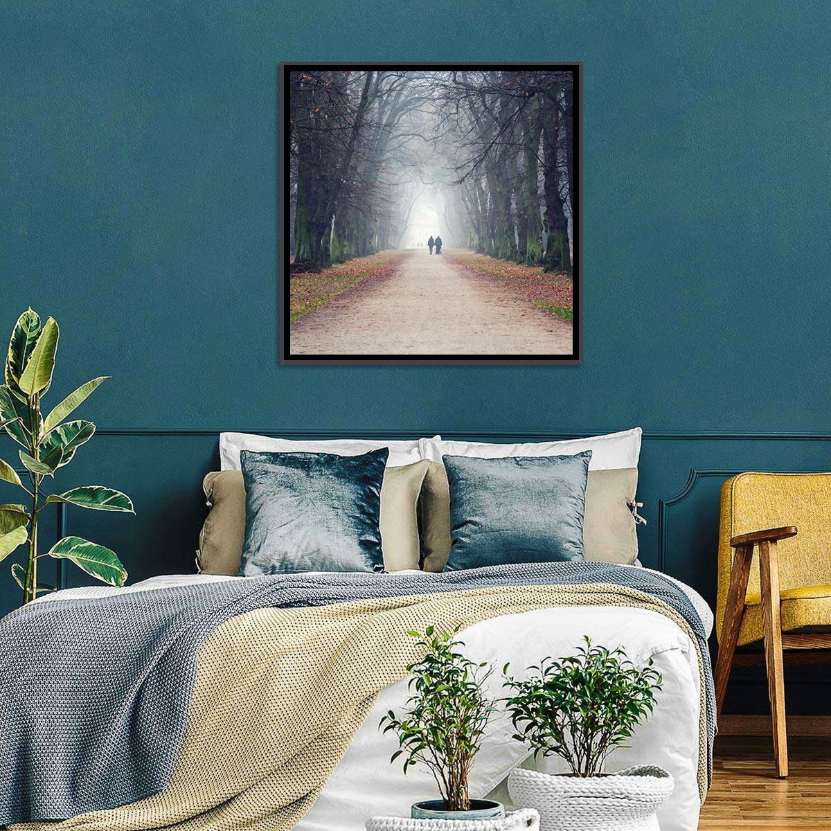 Foggy Tree Lined Walkway in Autumn Wall Art in a room, square