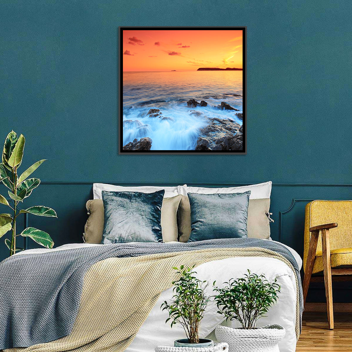 Dubrovnik Sunset Over Rocky Shore Wall Art in a room, square