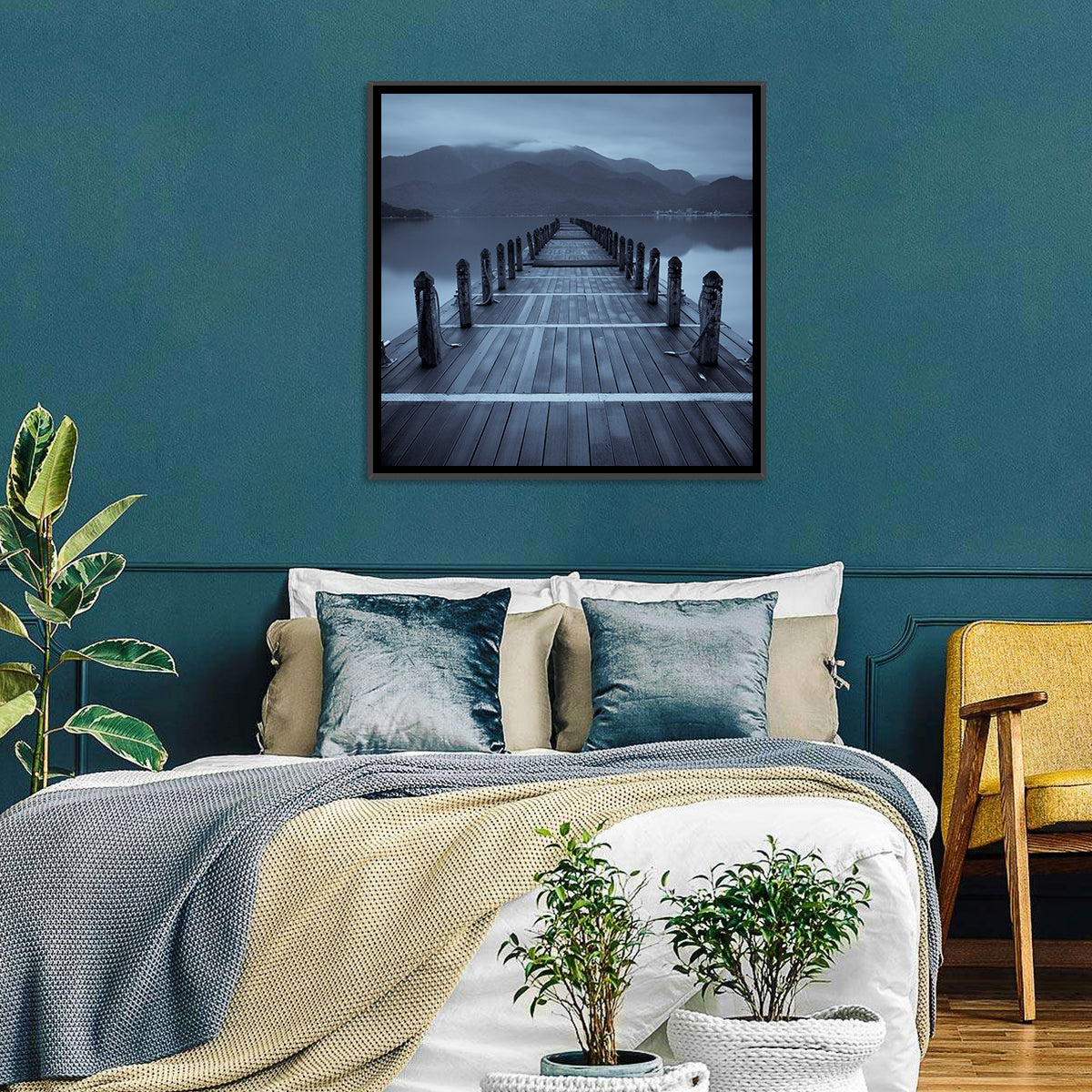 Long Lake Pier at Dusk Wall Art in a room, square