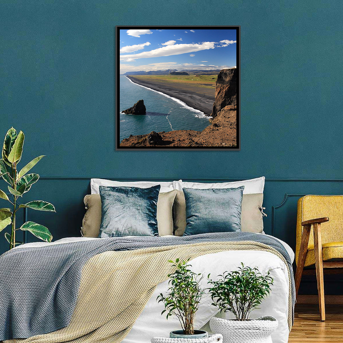 Dyrhólaey Black Sand Beach and Sea Stack Wall Art in a room, square