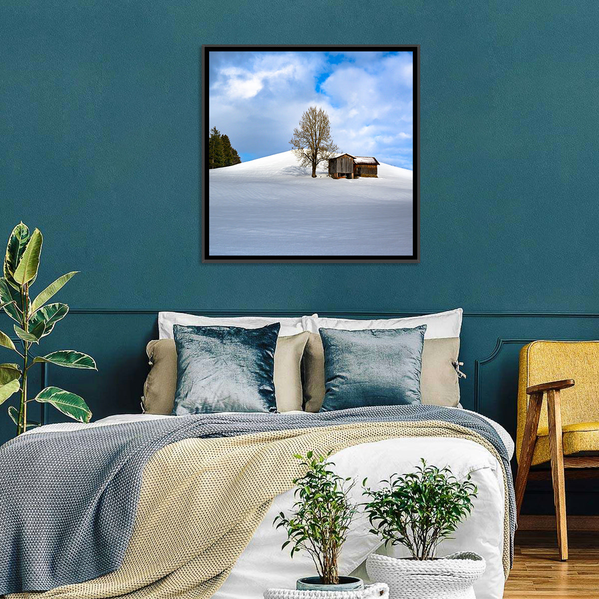 Rustic Barn on a Snowy Hill Wall Art in a room, square