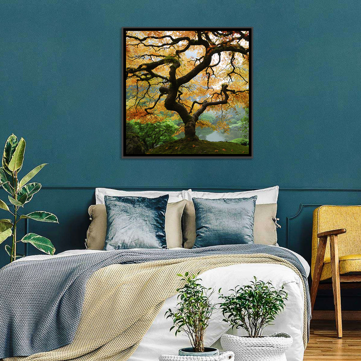 Japanese Autumn Maple Wall Art in a room, square