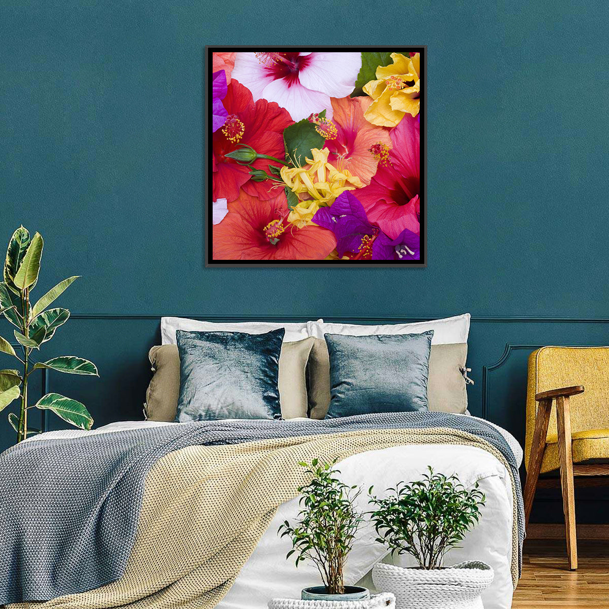 Tropical Bougainvillea and Hibiscus Bloom Wall Art in a room, square