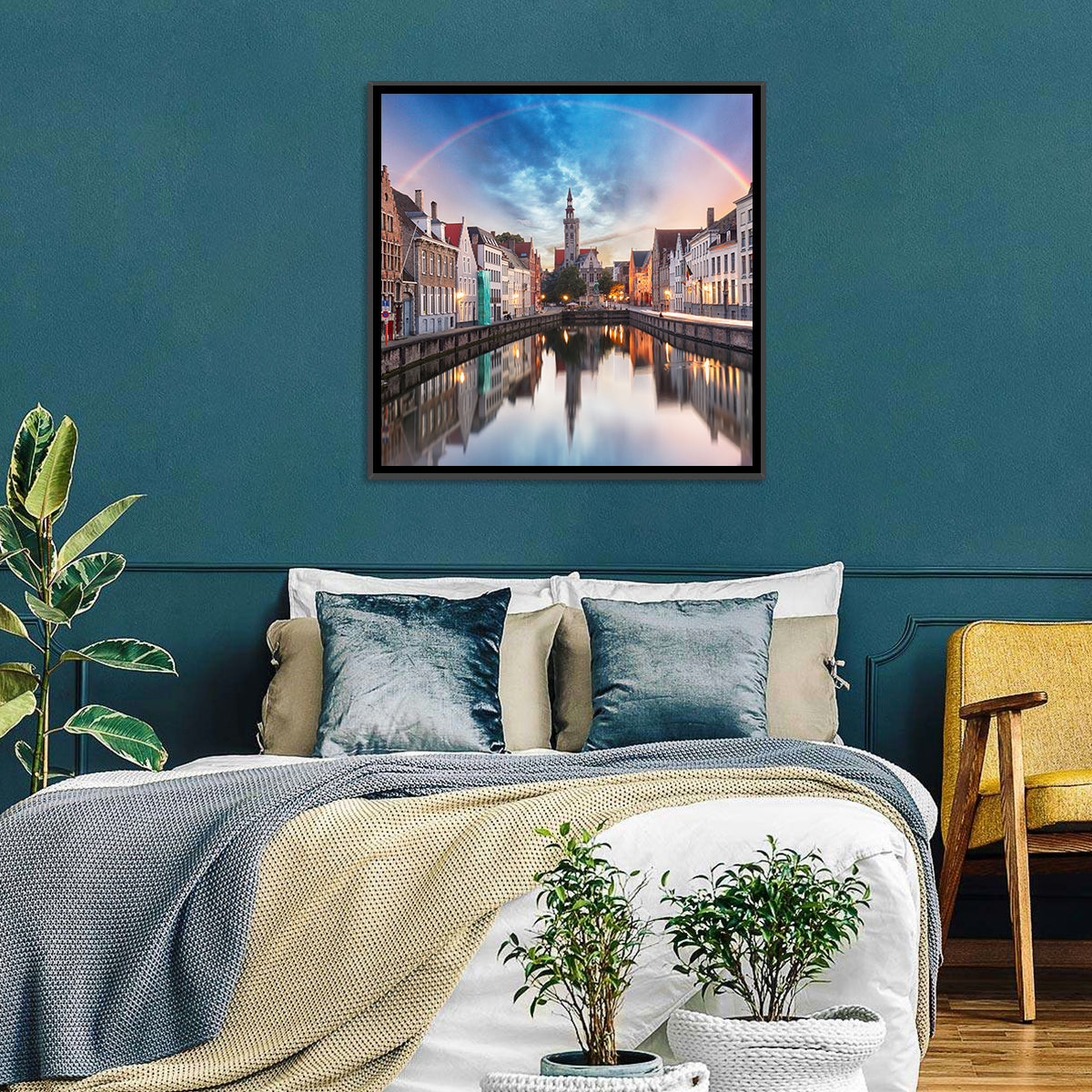 Bruges Twilight Rainbow Over Spiegelrei Canal Wall Art in a room, square