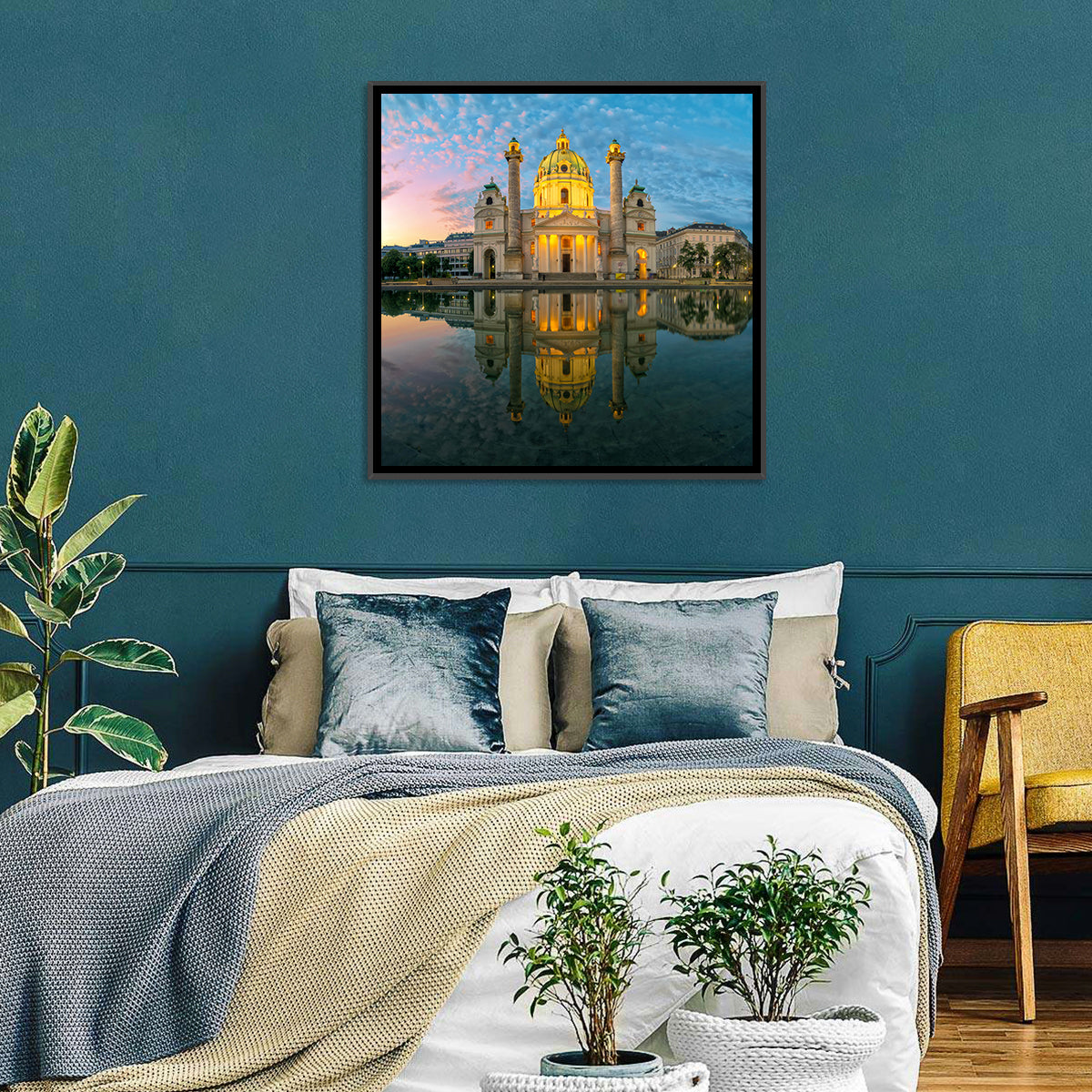 Karlskirche Golden Hour Reflection Wall Art in a room, square