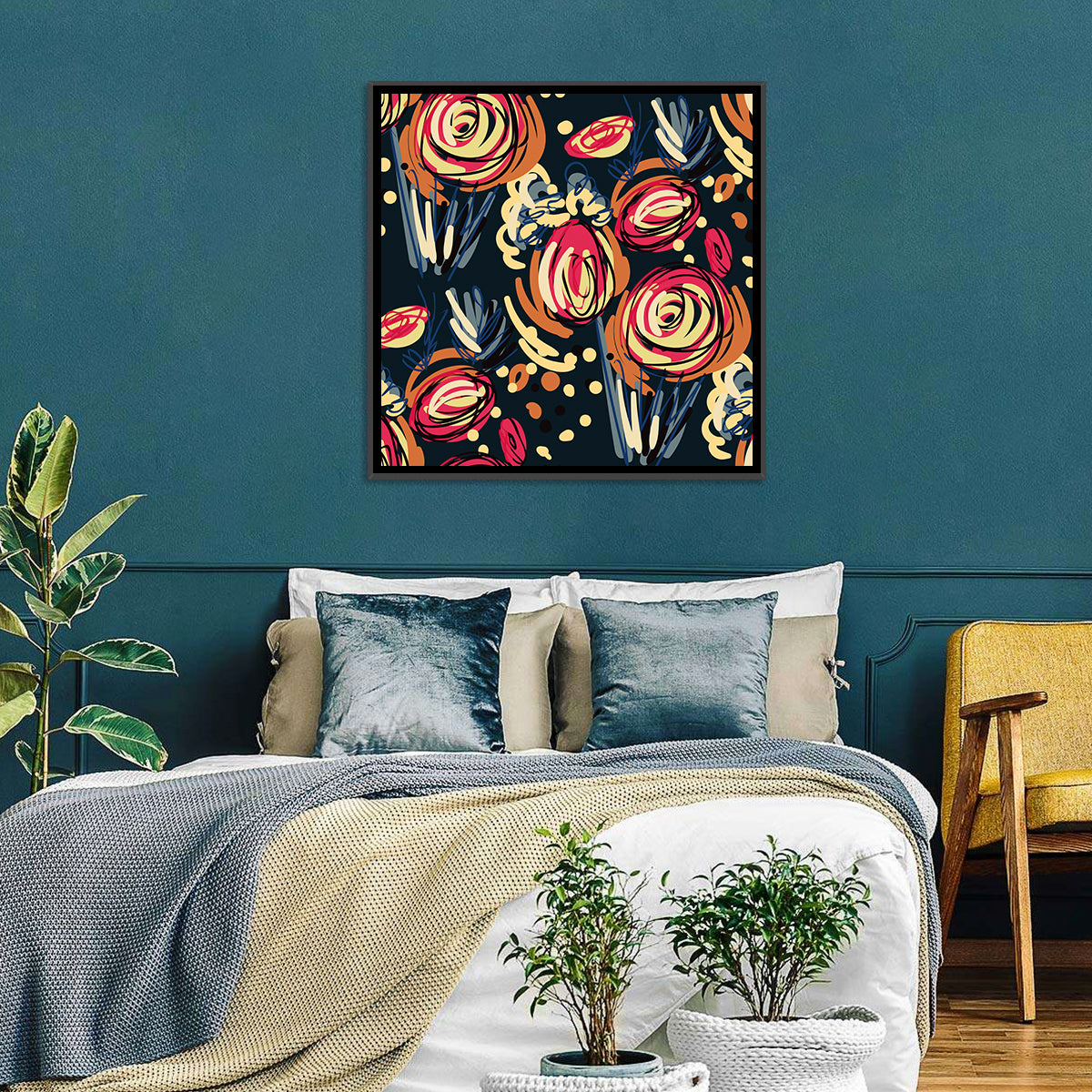 Colorful Scribbled Floral Pattern Wall Art in a room, square