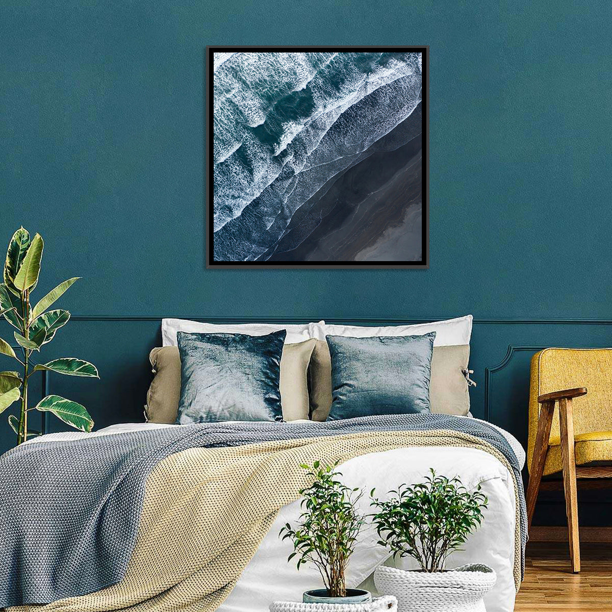 Volcanic Surf on Black Sand Wall Art in a room, square