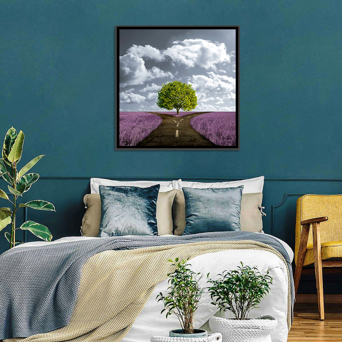 Lavender Field Crossroads with Lone Tree Wall Art in a room, square
