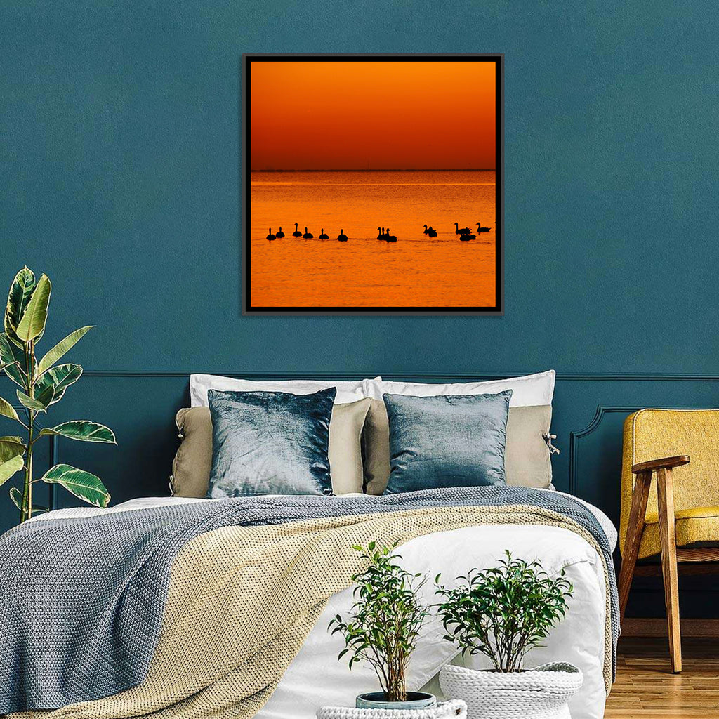 Geese Silhouettes at Orange Sunset Wall Art