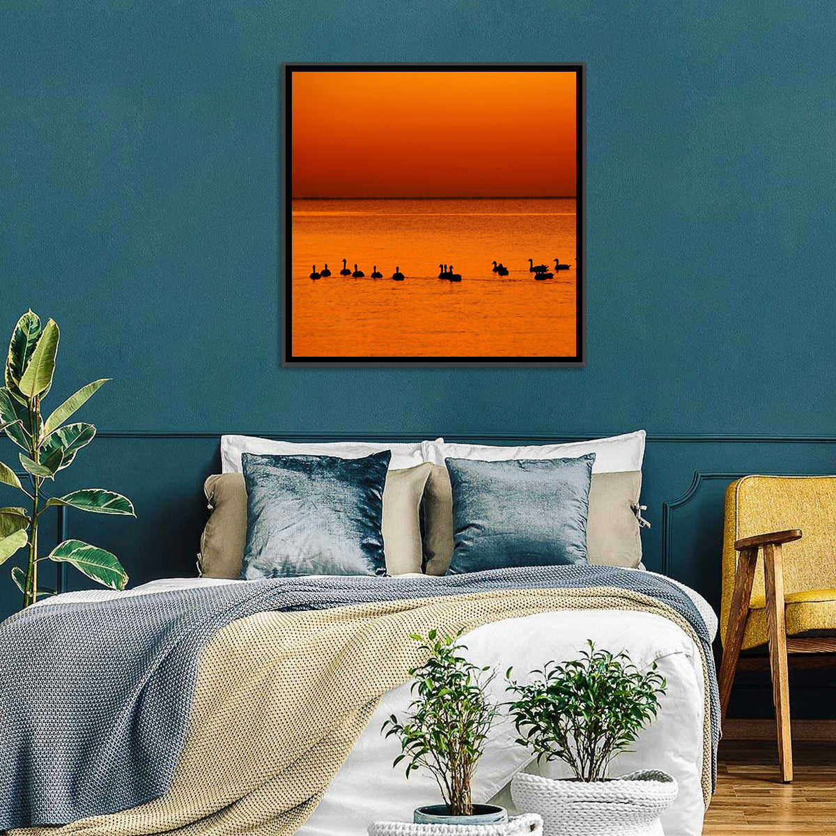 Geese Silhouettes at Orange Sunset Wall Art in a room, square