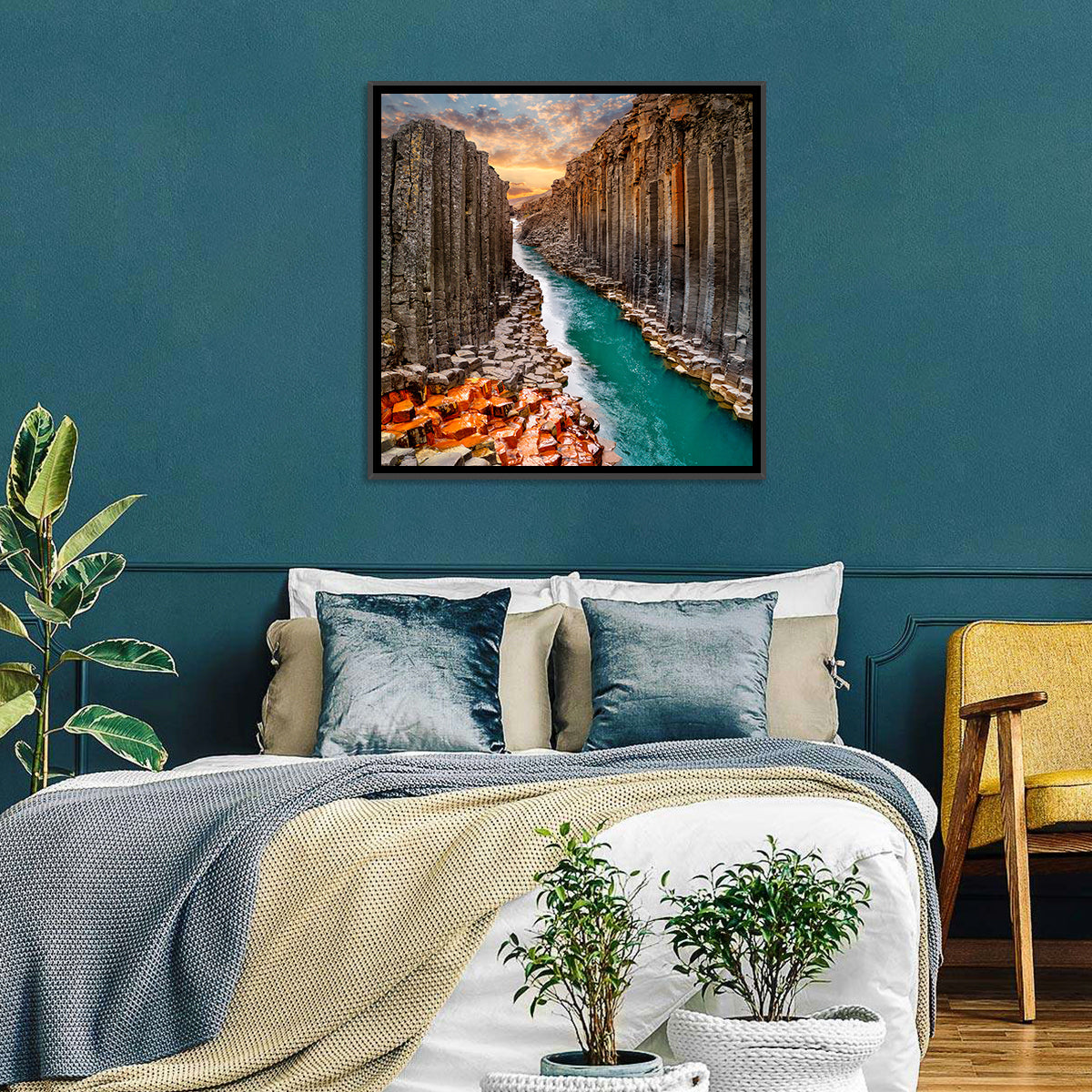 Stuðlagil Canyon Basalt Columns at Golden Hour Wall Art in a room, square