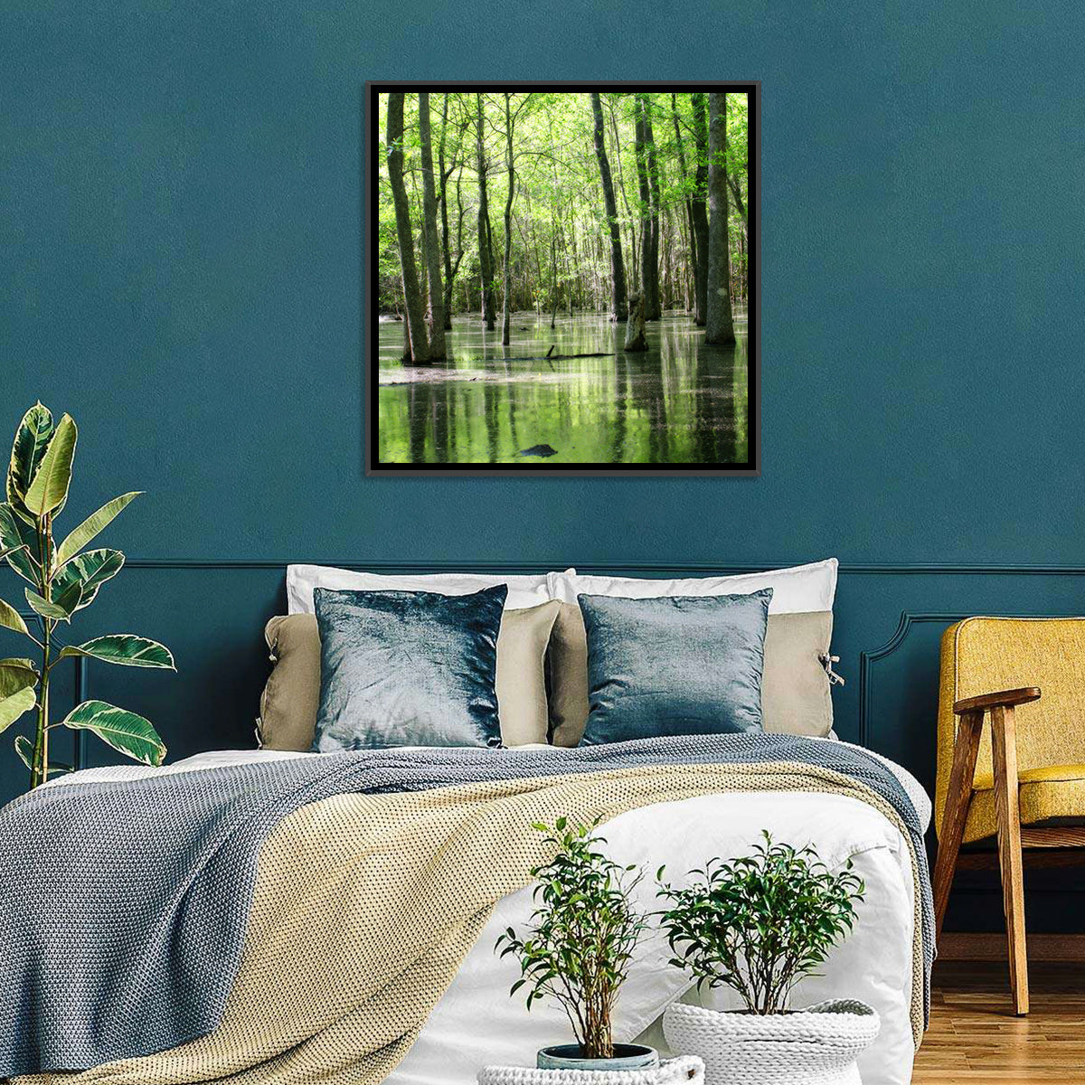 Sunlit Swamp Forest Wall Art in a room, square