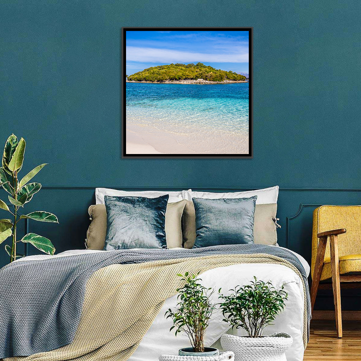 Butrint Turquoise Island Beach Wall Art in a room, square