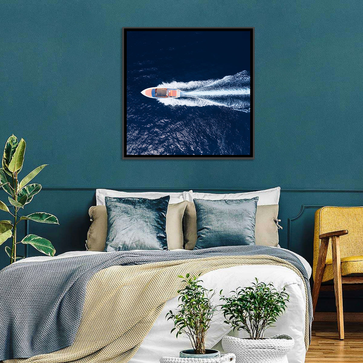 Sleek Speedboat Over Navy Sea Wall Art in a room, square
