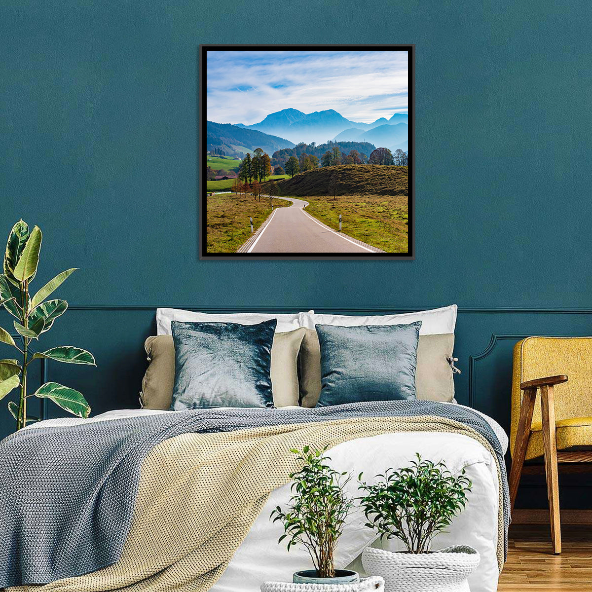 Bavarian Mountain Valley Wall Art in a room, square