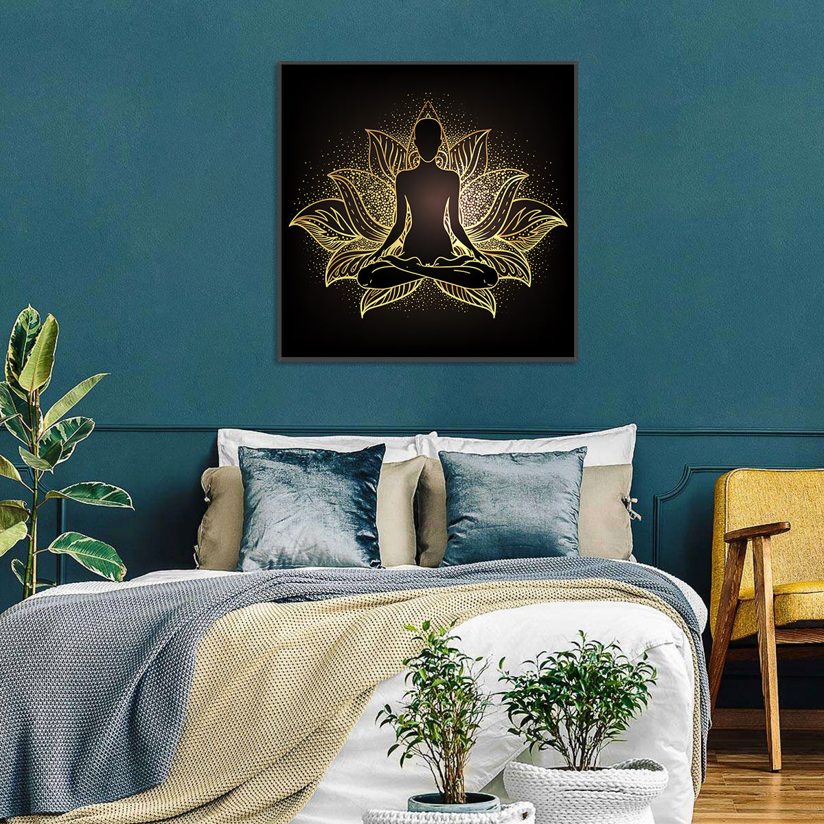 Golden Chakra Silhouette Wall Art in a room, square