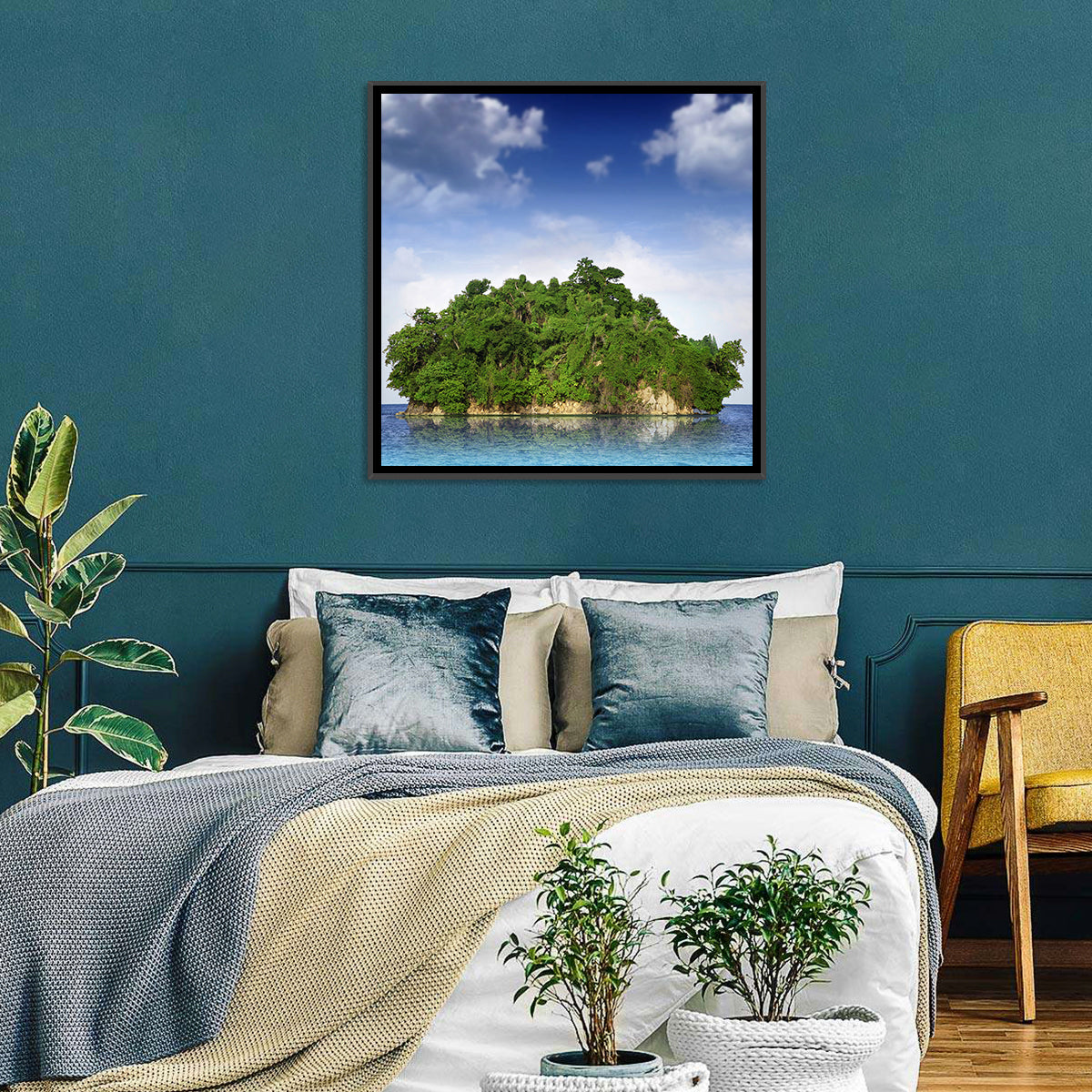 Tranquil Tropical Island Reflection Wall Art in a room, square