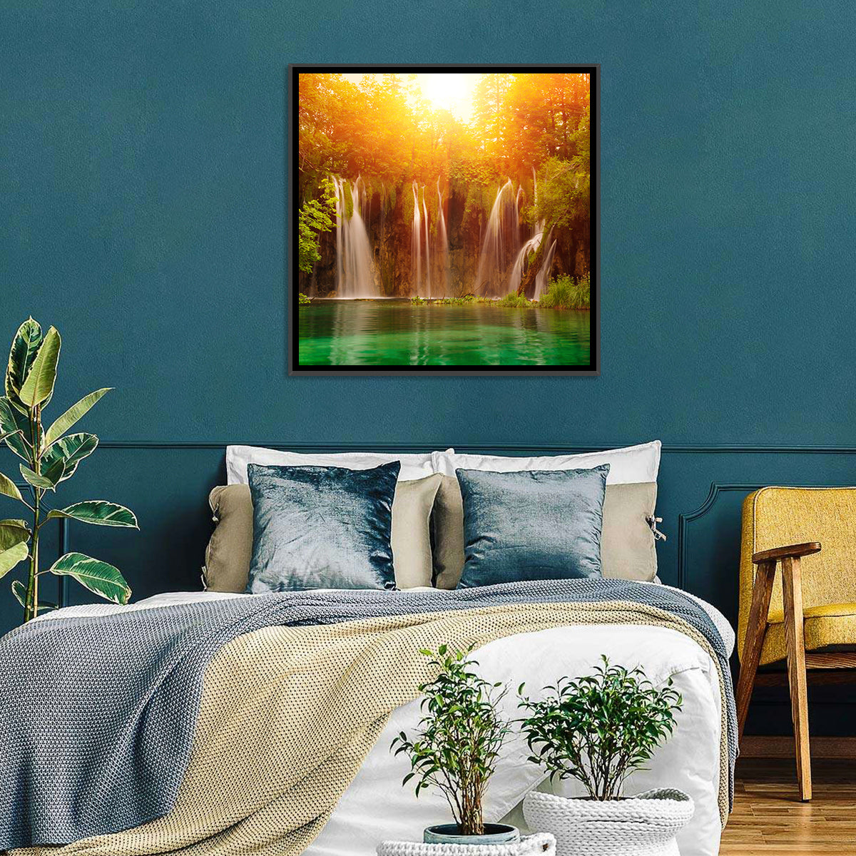 Plitvice Lakes Waterfalls Wall Art in a room, square