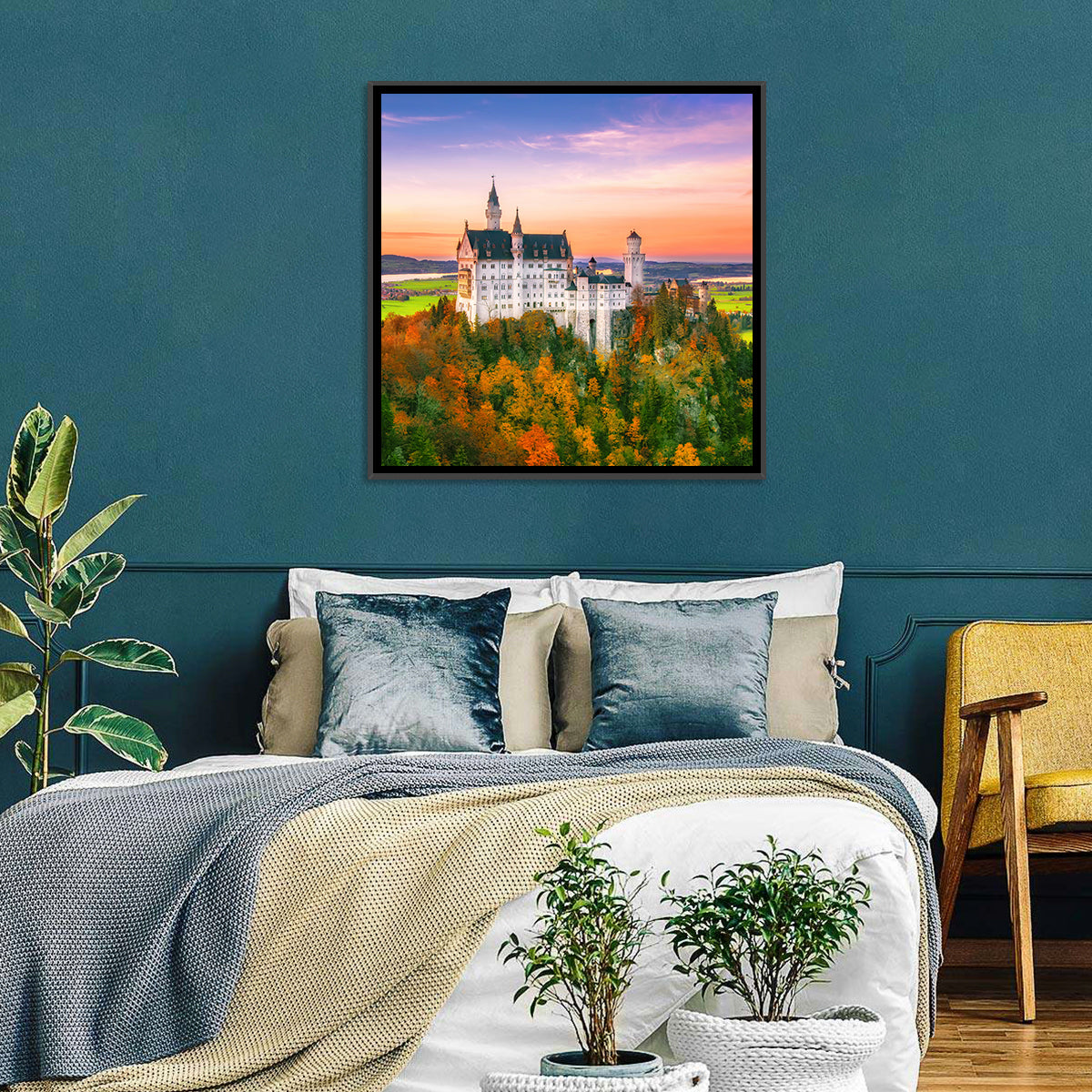 Neuschwanstein Castle at Autumn Sunset Wall Art in a room, square
