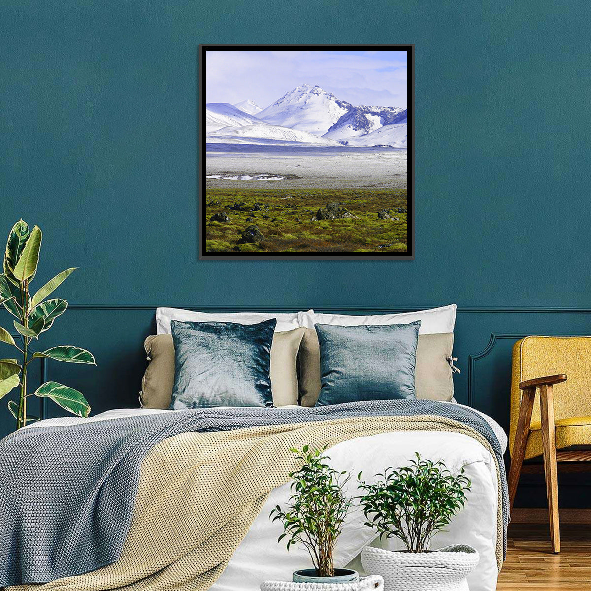 Icelandic Snow and Moss Landscape Wall Art in a room, square
