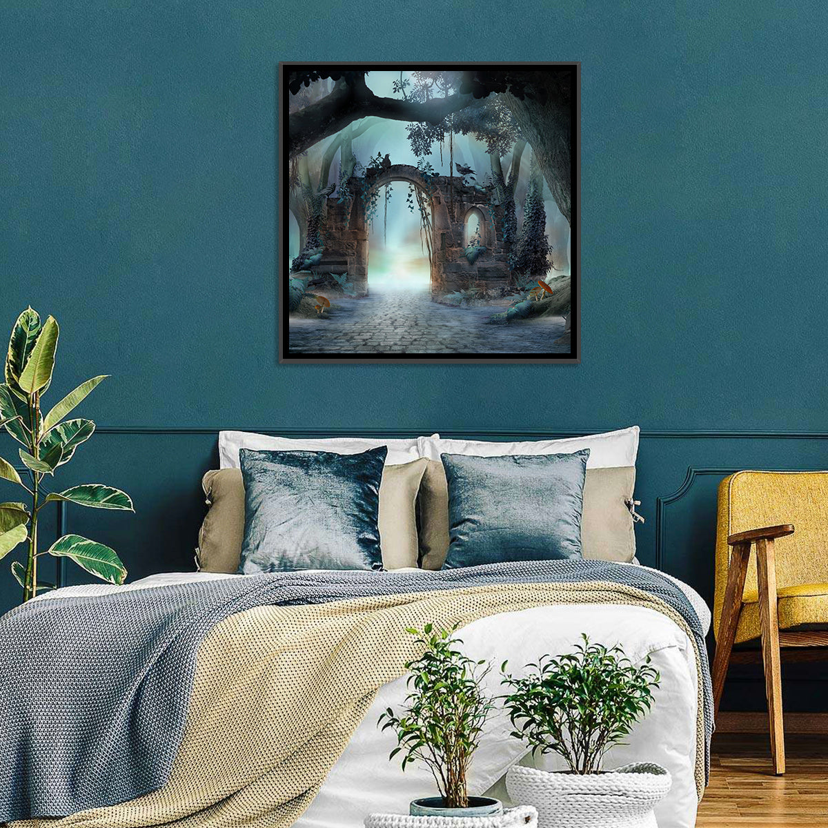 Enchanted Foggy Forest Wall Art in a room, square
