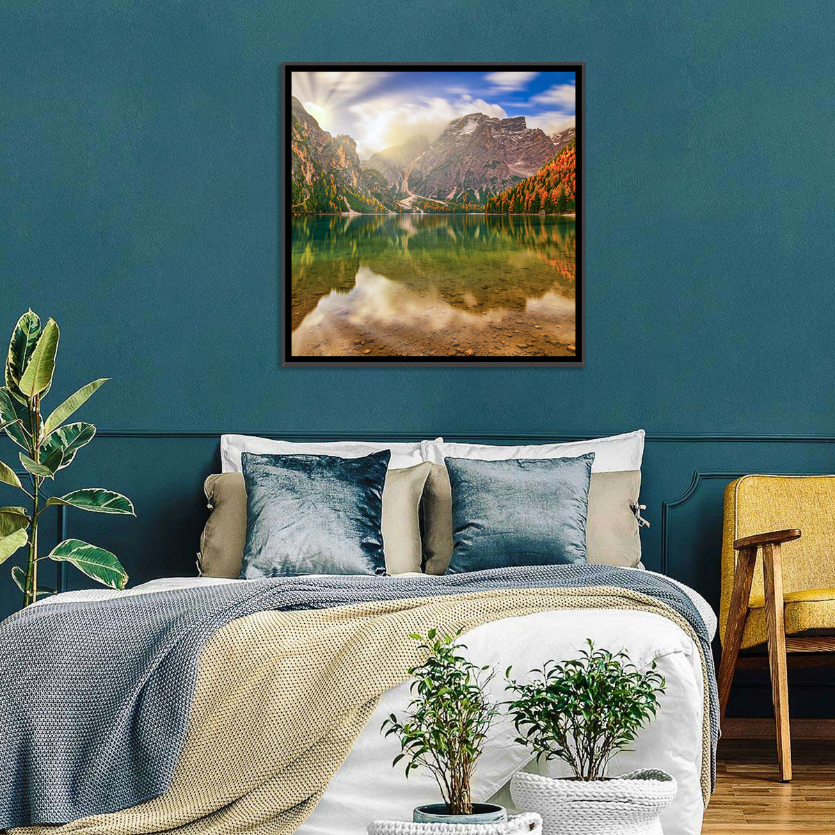 Lago Di Braies Sunrise Wall Art in a room, square