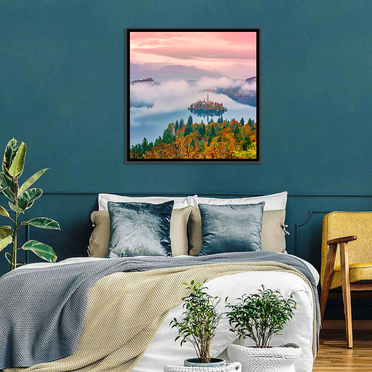 Misty Morning Over Lake Bled Wall Art in a room, square