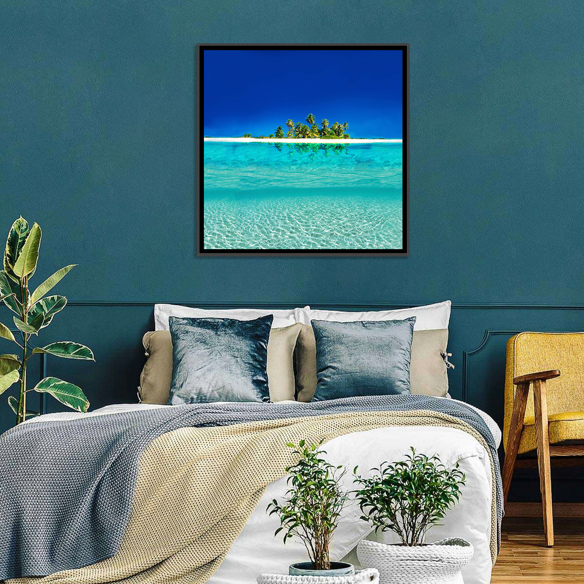 Tranquil Split-level Tropical Island Seascape Wall Art in a room, square