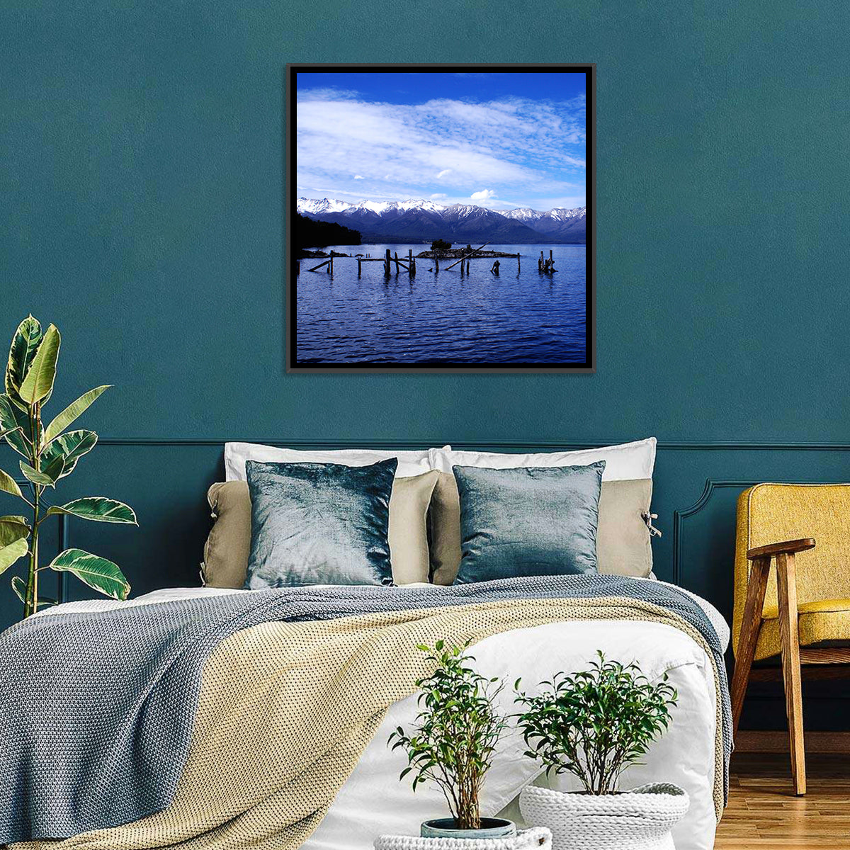 Nahuel Huapi Lake with Wooden Pilings Wall Art in a room, square