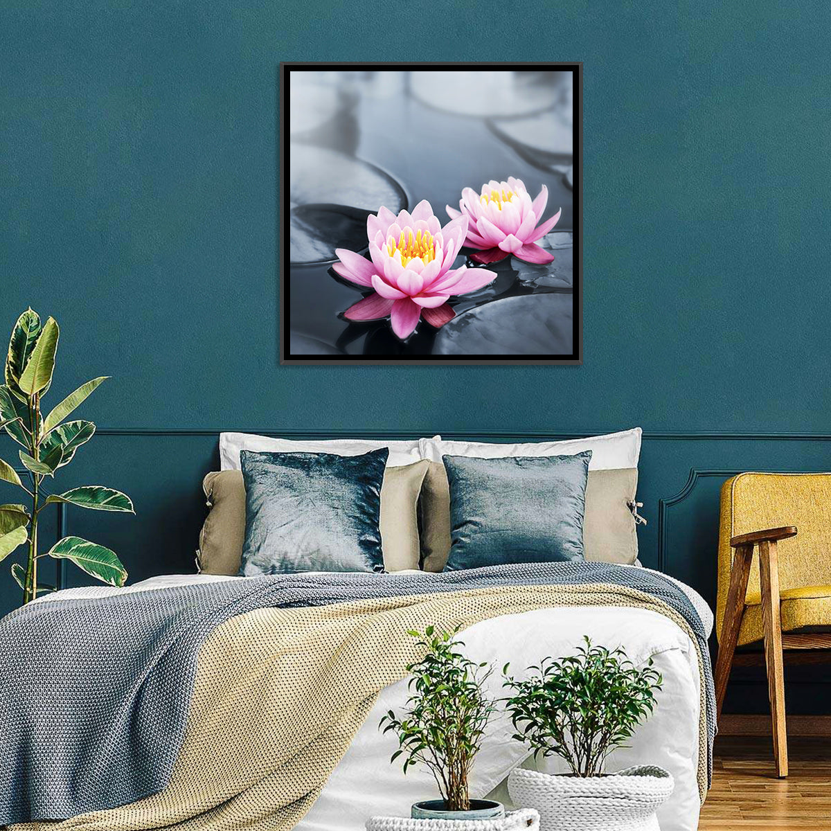 Pink Water Lilies Wall Art in a room, square
