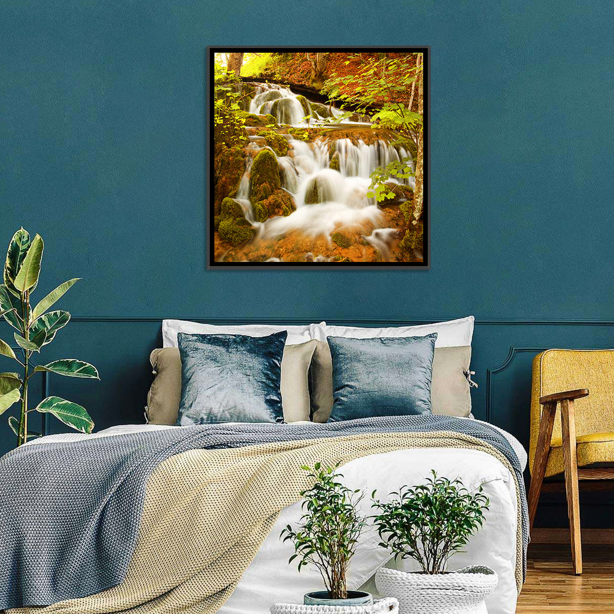 Plitvice Autumn Stream Wall Art in a room, square