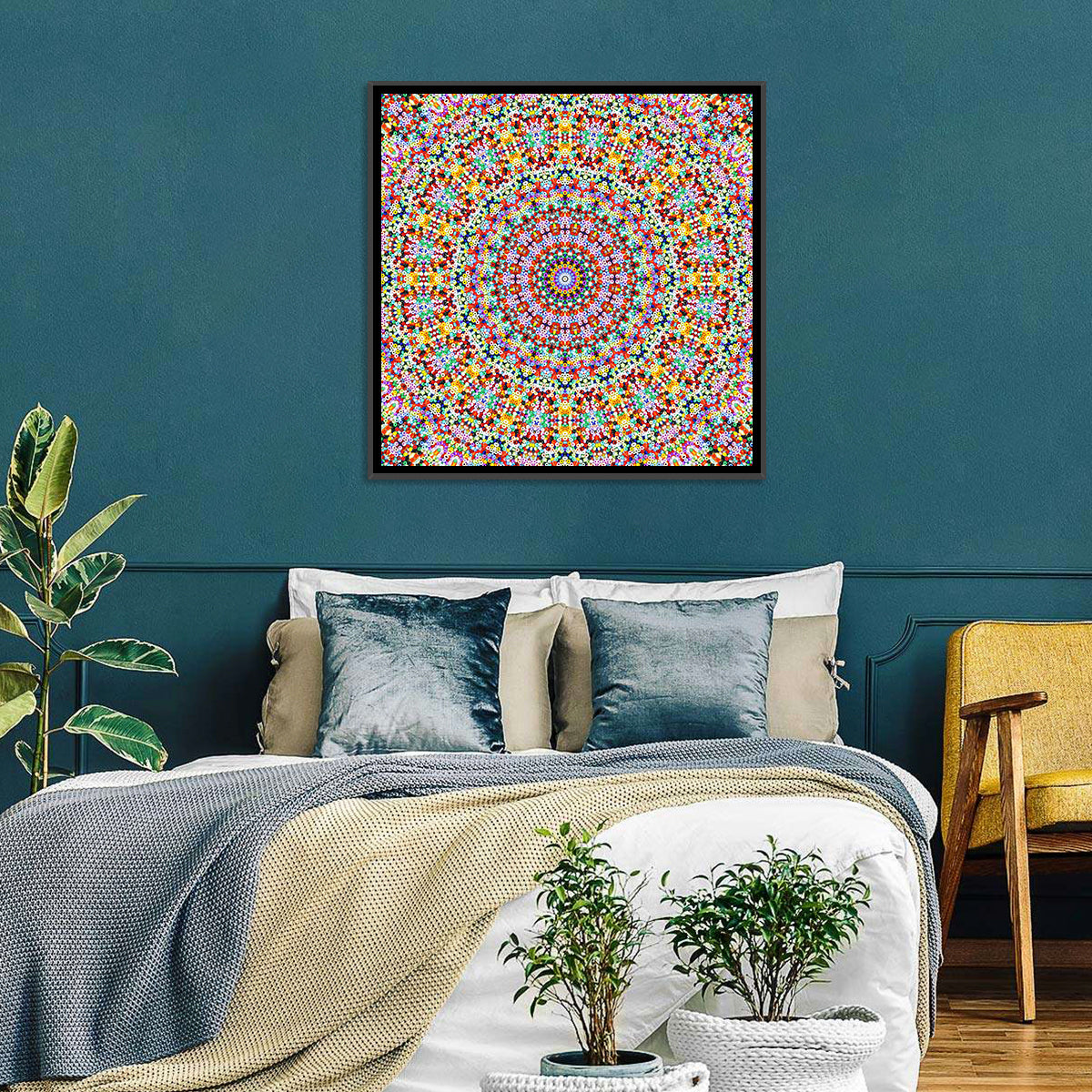 Beaded Kaleidoscope Mandala Wall Art in a room, square